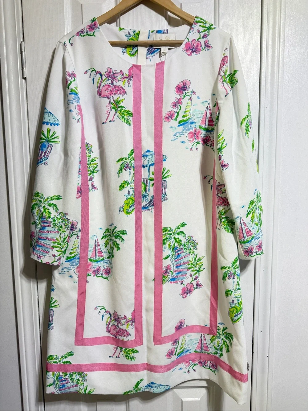 NWT Lilly Pulitzer Margaux 3/4 sleeve white pink flamingo beach palm dress 16 - Picture 2 of 10